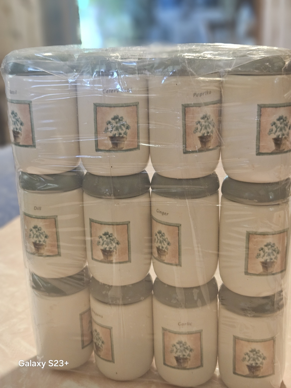 Pfaltzgraff Cream Ceramic Spice Jars with Green Lids - 12pc Herb Motif